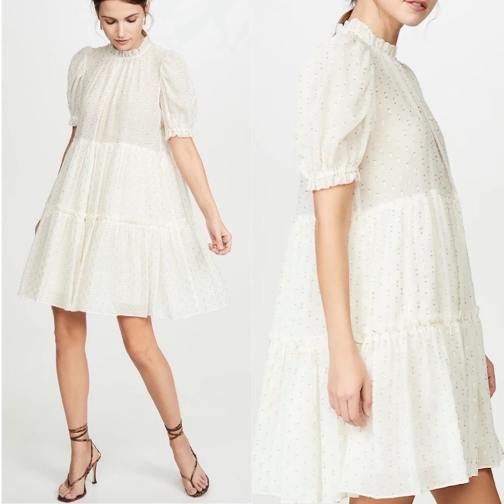 ULLA JOHNSON Dhalia Lurex Tiered Puff Sleeve Metallic Mini Dress \\ 0 - Picture 1 of 10